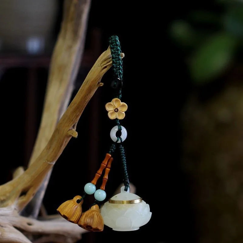 Hand Carved Lotus Green Sandalwood Hanging Charm Luminous Aroma Expander Keychain Cute Bag & Phone Decor Oasis Select