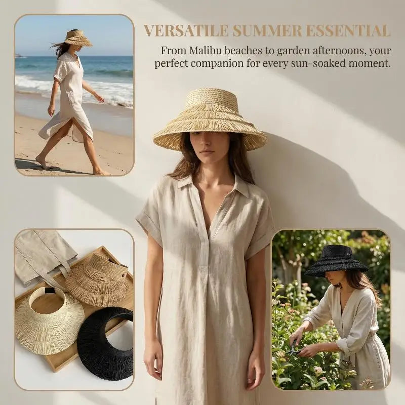 Straw Hat Women Summer Fashion Fringe Sun Protection Wide Brim Lightweight Designer Brand Adjustable For Beach Activities Oasis Select