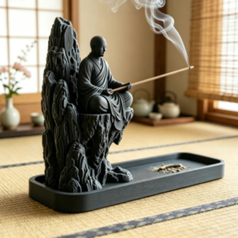 Mountain Monk Stick Incense Holder 3D Printed Incense Burner Tray Cliff Monk Figurines Censer for Tea Room Meditation Yoga Decor Oasis Select