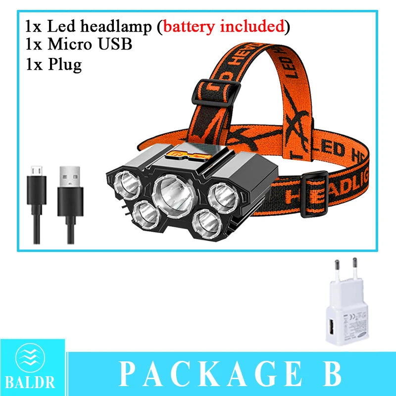 USB Rechargeable Led Five-Head Headlamp Super Bright 18650 Built-in Battery Headlight Portable Head Flashlight Fishing Lantern Oasis Select headlamp B Built in battery EU
