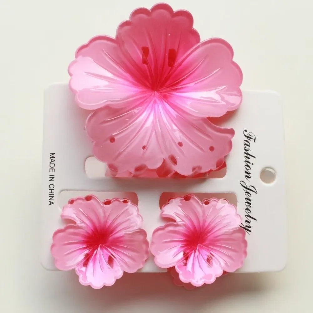 3Pcs/Set Gradient Hair Claws Hibiscus Acrylic Hawaiian Flower Hair Clip Clamp Sweet Flower Ponytail Clip Summer Hair Accessories Oasis Select Rose Red