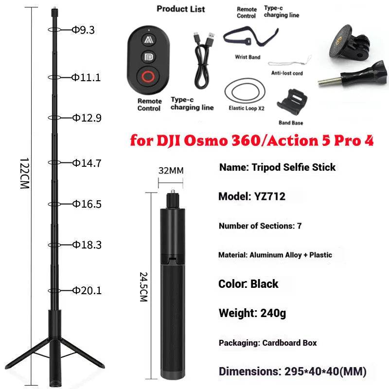 120cm Invisible Selfie Stick Tripod for GoPro, DJI & Insta360