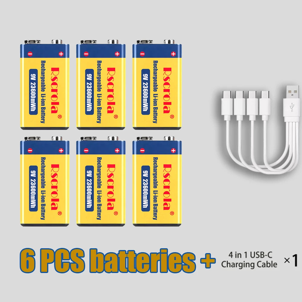 9V 23600mWh USB Lithium-ion Batteries 9V 6F22 Li-po Battery Constant Voltage 9V Output USB Li-ion Rechargeable Batteries Oasis Select 6 PCS Batteries
