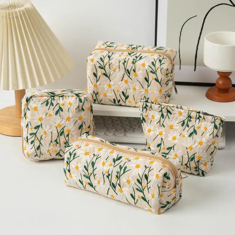 Floral Embroidery Women Cosmetic Bag Canvas Zipper Make Up Bag Travel Washing Makeup Organizer Sanitary Napkin Pouch Storage Oasis Select