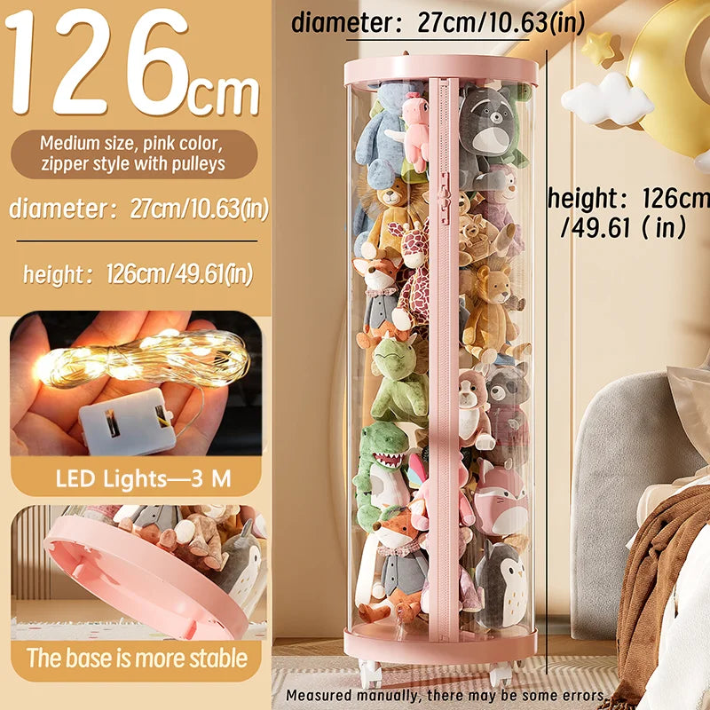 Transparent Doll Storage Box Plush Toy Organization Toy Storage Tube DIY Zipper Bins Kid Christmas Gift Children's Toy Organizer Oasis Select pink-M-wheel-Light