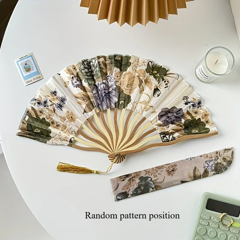 Traditional Chinese Ink Painting Folding Fan Portable Bamboo Cloth Hand Fan with Floral Pattern and Tassel for Qipao Accessory Oasis Select yellow and fan cover