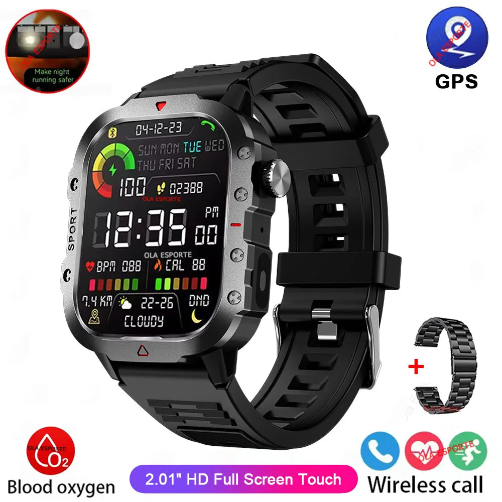 Rugged Military Smartwatch – Bluetooth Call, GPS & AI Voice