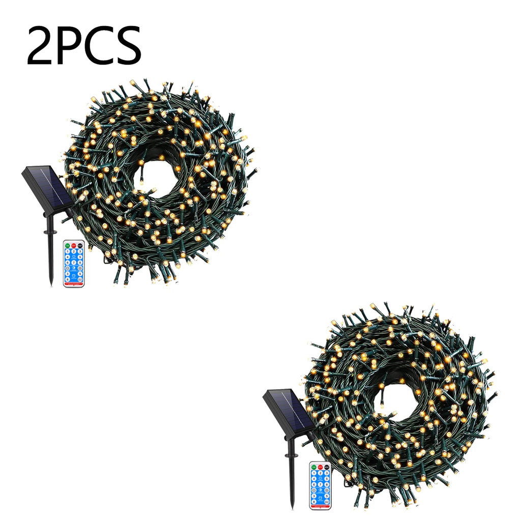 Outdoor Solar Lawn Street Light String 1/2/3/4Pcs Holiday Christmas Tree Stair Handail Decor Light Panel+Remote Control Dimmable Oasis Select 2PCS Warm White 30M 300LEDs