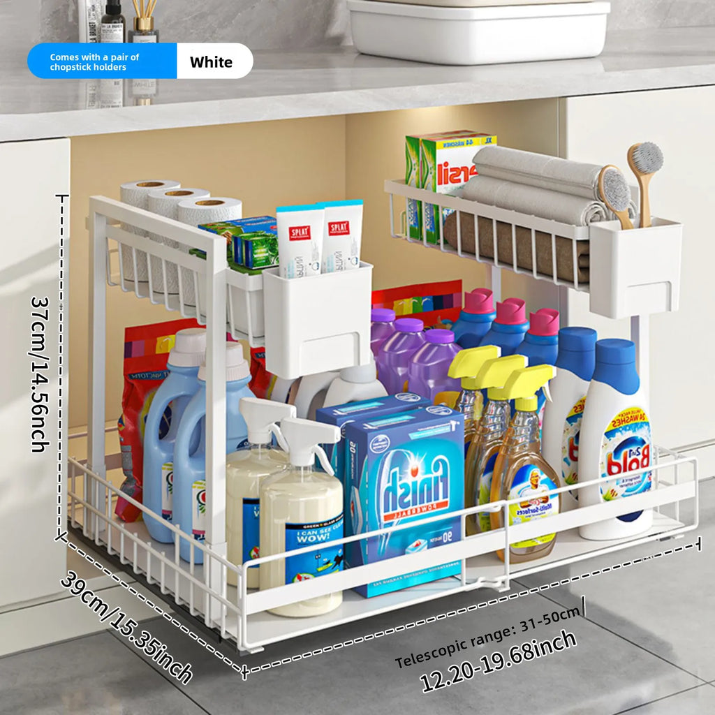 Retractable kitchen sink rack double-layer cabinet seasoning basket multi-functional storage rack under the sink Oasis Select Double white KT