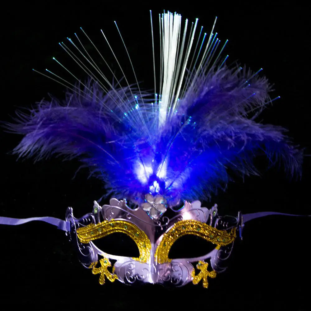 Women LED Party Mask Masquerade Luxury Peacock Feathers Half Face Mask Cosplay Costume Venetian Mask Oasis Select Purple
