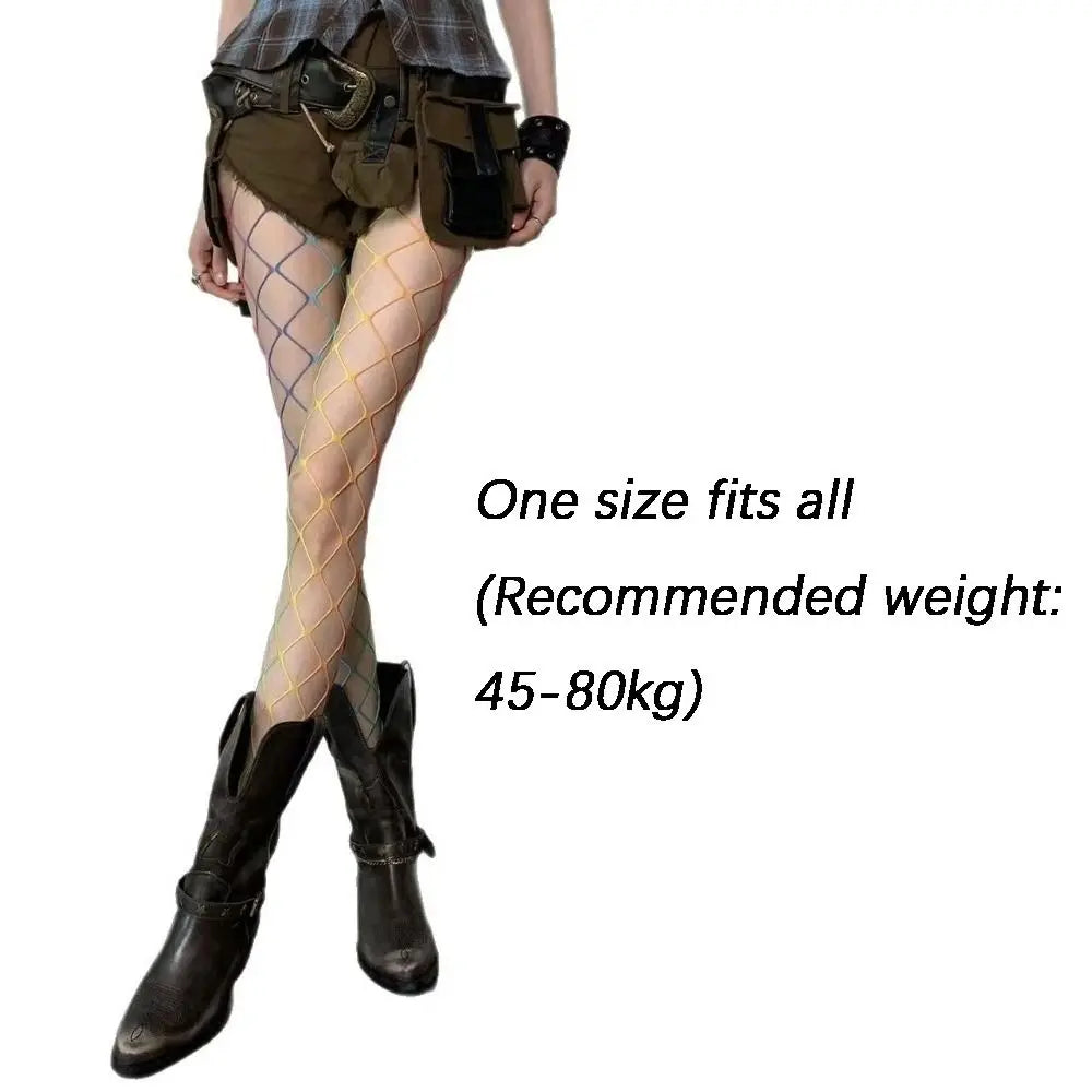 Sweet Cool Dopamine Rainbow Fishnet Stockings Y2K Gradient Mesh Hollowed Out Tights High Waist Sexy Pantyhose Women Fashion Oasis Select