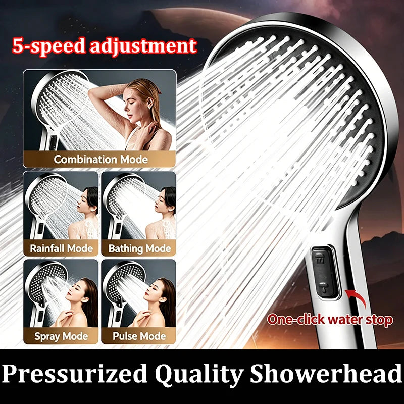 5-Mode High Pressure Handheld Shower Head | One-Key Stop
