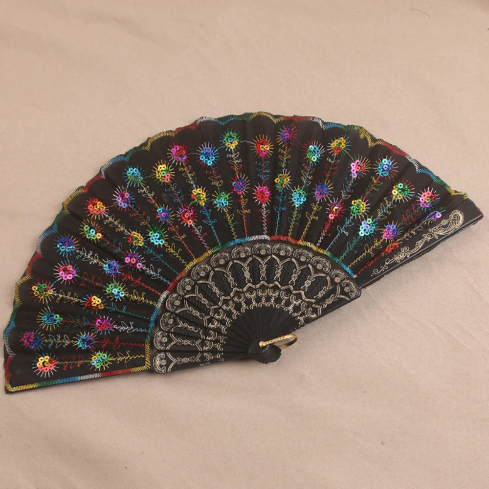 Silk Fan Folding Fan Wedding Art Gifts Peacock Sequin Dancing Fan Hand Held Fan Home decoration Oasis Select