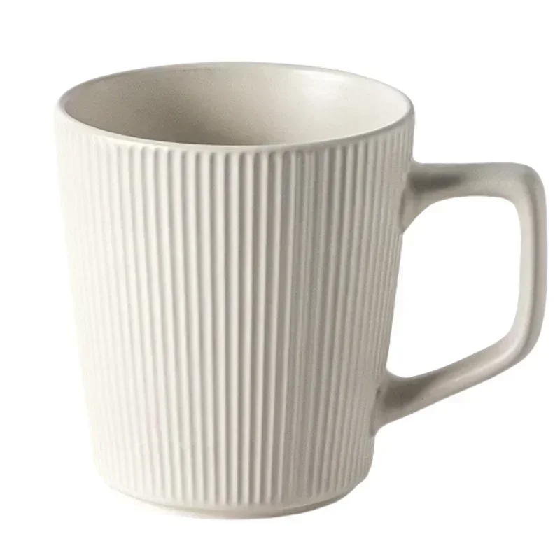 Coffee Cup Vintage Style Striped with Handle Simple Ceramic High Capacity Milk Breakfast Mug for Household Office Water Cup Oasis Select White