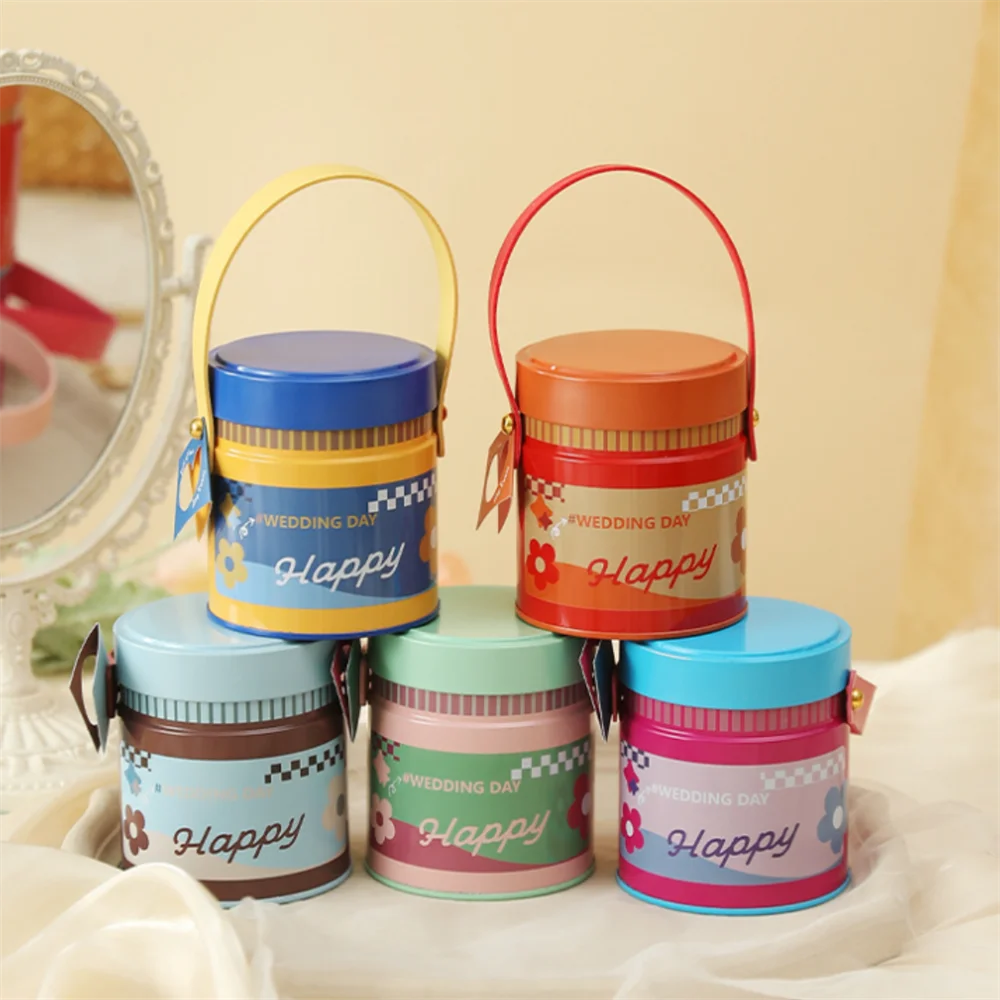 Wedding Tin Candy Box Round Storage Boxes Portable Handle Sugar Coffee Tea Tinplate Organizer Can Children Gifts Packaging Box Oasis Select