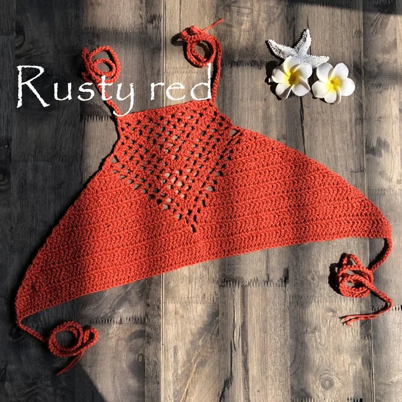 Hand Crochet Bikini Womens Sexy Beach Handmade Crochet Wrap Neck Bikini Bra Swimwear Swimwear Beachwear Womens Tops Oasis Select Red One Size