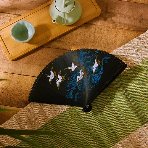 18cm Chinese style retro style all bamboo crane dark green big red bronzing folding fan portable cheongsam dance fan Oasis Select Black