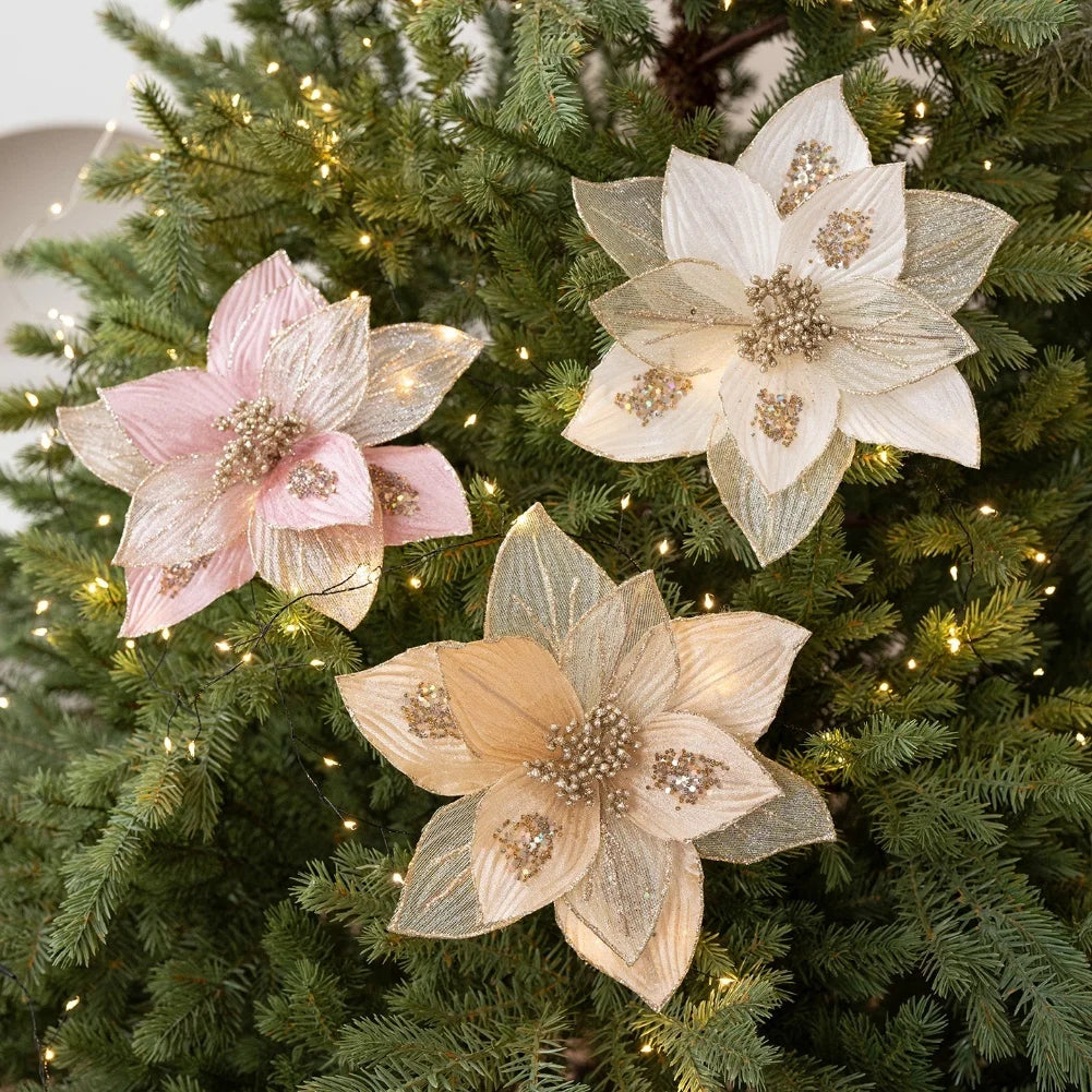 Christmas Tree Artificial Glitter Magnolia Flowers Flexible Stems Polyester Flowers Wreaths Garlands Home Party Decor 24cm Oasis Select