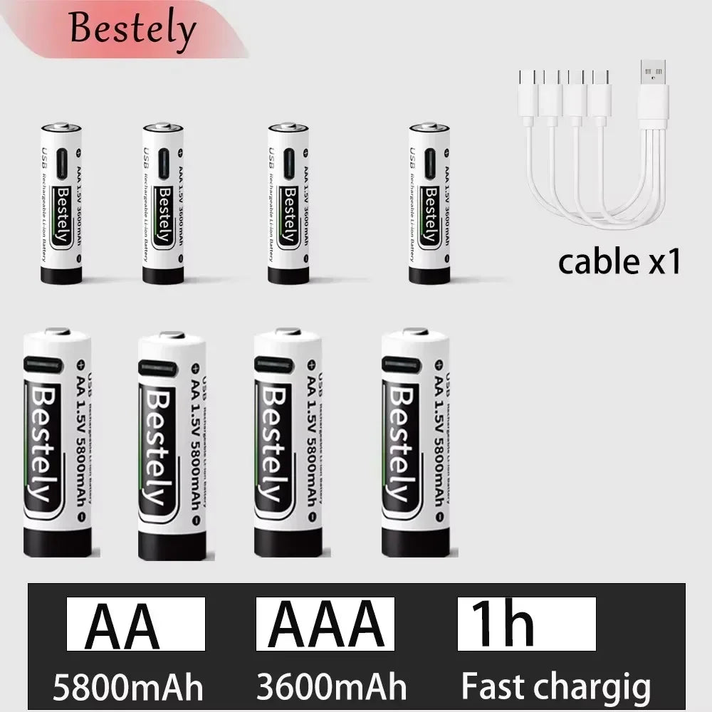 AA AAA Battery 1.5V 5800mAh and 3600mAh Lithium Rechargeable Batteries Fast Charging Li-ion Battery 2000 Cycles Type-C Cable Oasis Select 4AA 4AAA
