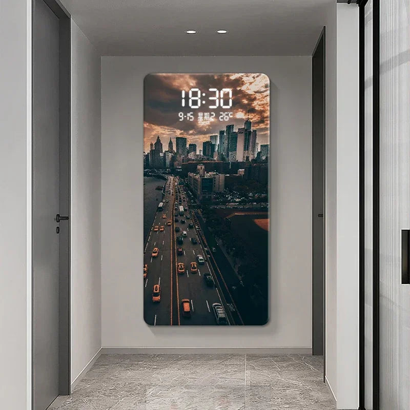 Led Electronic Wall Hanging Clock City Night View Human Body Sensing Decorative Painting Wall Clock Oasis Select