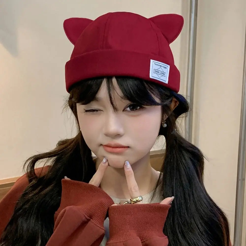 Casual Cotton Cat Ears Landlord Hat Solid Color Brimless Beanie Hat Adjustable Hip Hop Melon Skin Hat Spring Summer Oasis Select