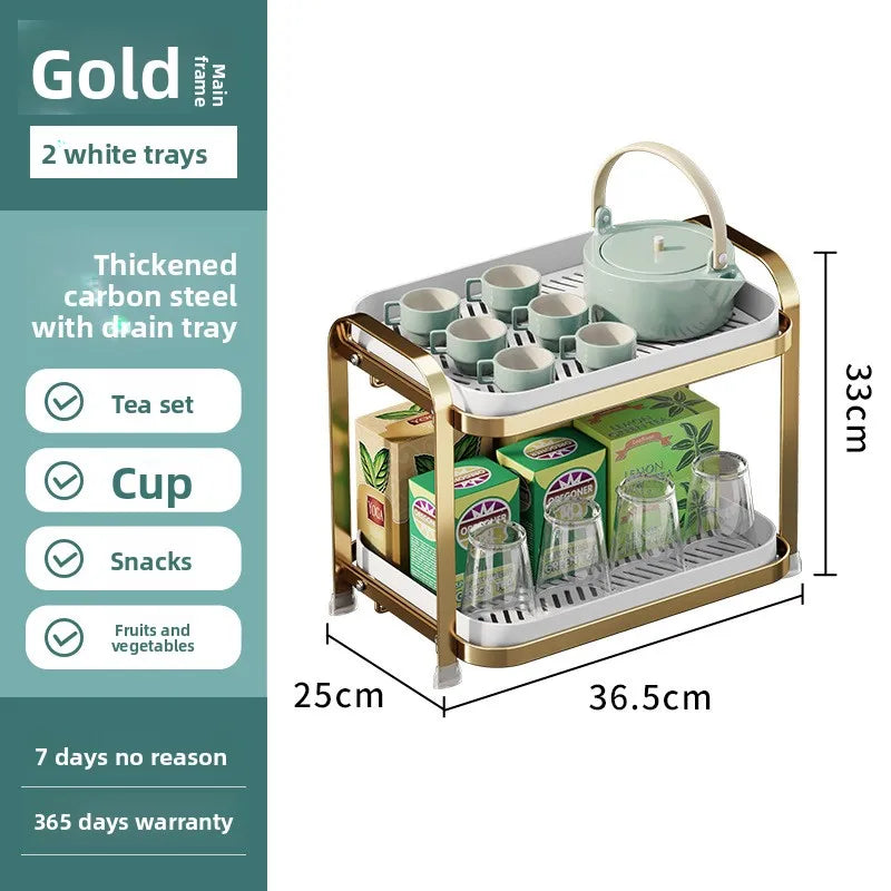 Multifunctional living room drain cup holder, desktop dust-proof storage rack, double-layer drying cup with water tray Oasis Select Gold white TP