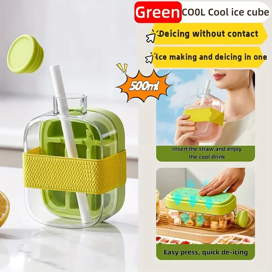 2-in-1 Portable Ice Cube Cup with Straw Quick Release Food-Grade Material for Juice Drinks Cocktails Whiskey Plastic Straw Cup Oasis Select Green 500ML 1 PCS