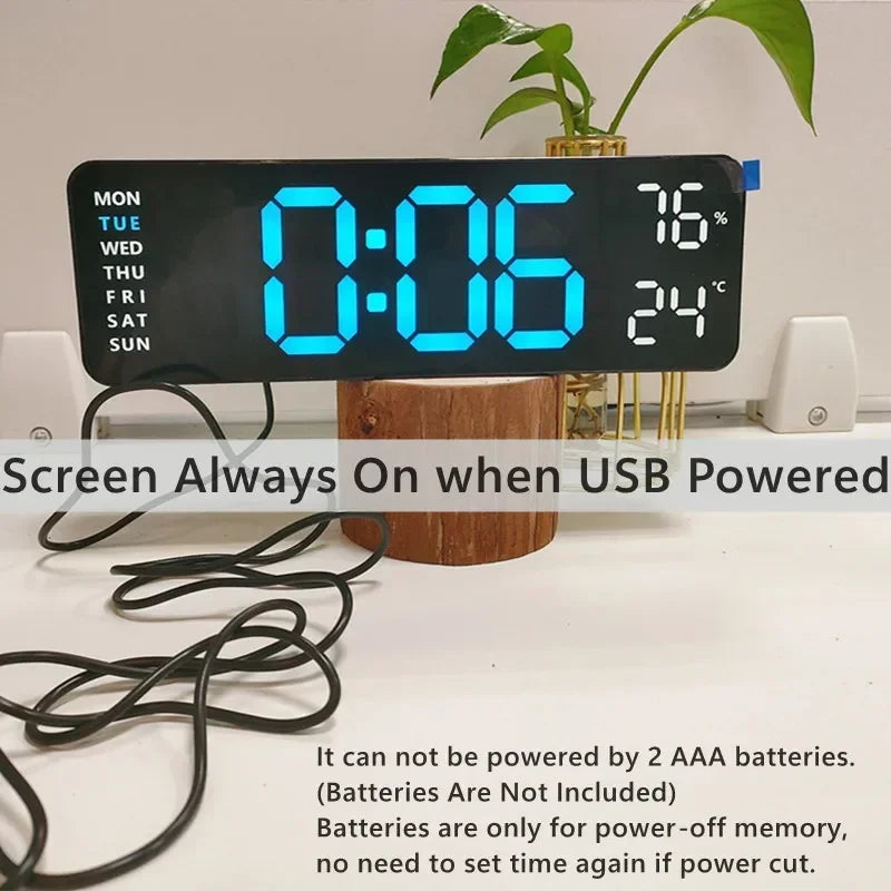 9 Inch Large Digital Wall Clock with Temperature Humidity Display,Auto Dimmer,USB Powered,12/24H LED Alarm Clock for Home Office Oasis Select