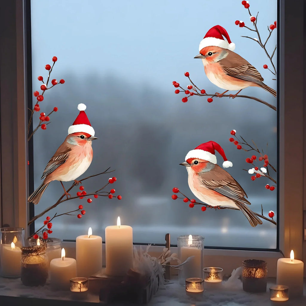1PC Three Birds in Santa Hats Window Stickers Christmas Theme Red Berry Branches Decorative Wall Stickers for Glass and Window Oasis Select