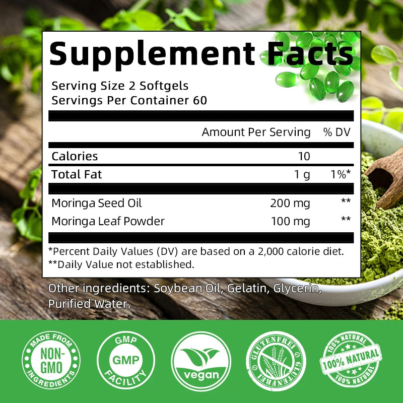 BBEEAAUU Moringa Capsule Natural Green Antioxidant Support Energy,Skin&Intestinal Health,Containing Essential Vitamin&Amino Acid Oasis Select