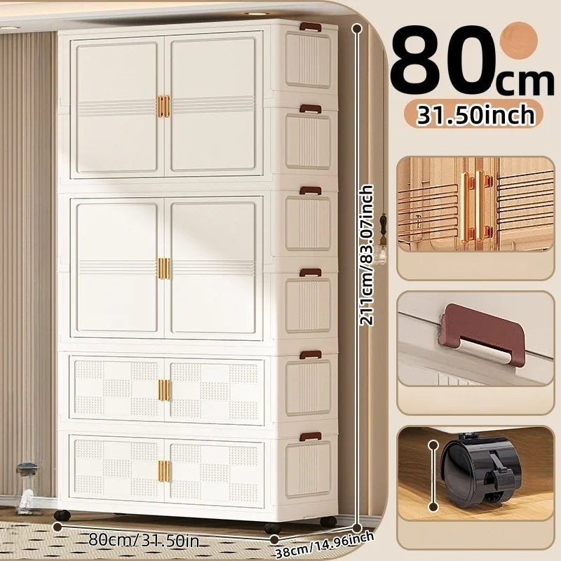 COIZYZZL 31.5 Inch Foldable Storage Wardrobe, 2-6 Tier Multi-Combos with Rolling Wheels, Large Capacity for Living Room/Bedroom Oasis Select White 2Large 2Small