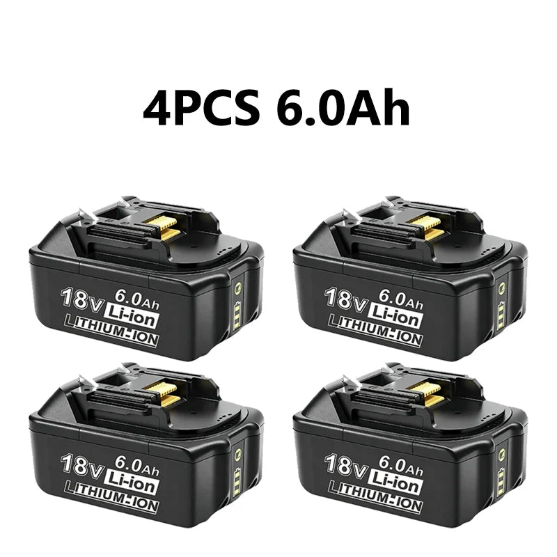 18V 6.0Ah Rechargeable Lithium-Ion Battery (18650 Cell) + 3A Charger, Suitable for Makita Power Tool BL1860 BL1830 LXT400 BL1850 Oasis Select 4 PCS 6.0Ah