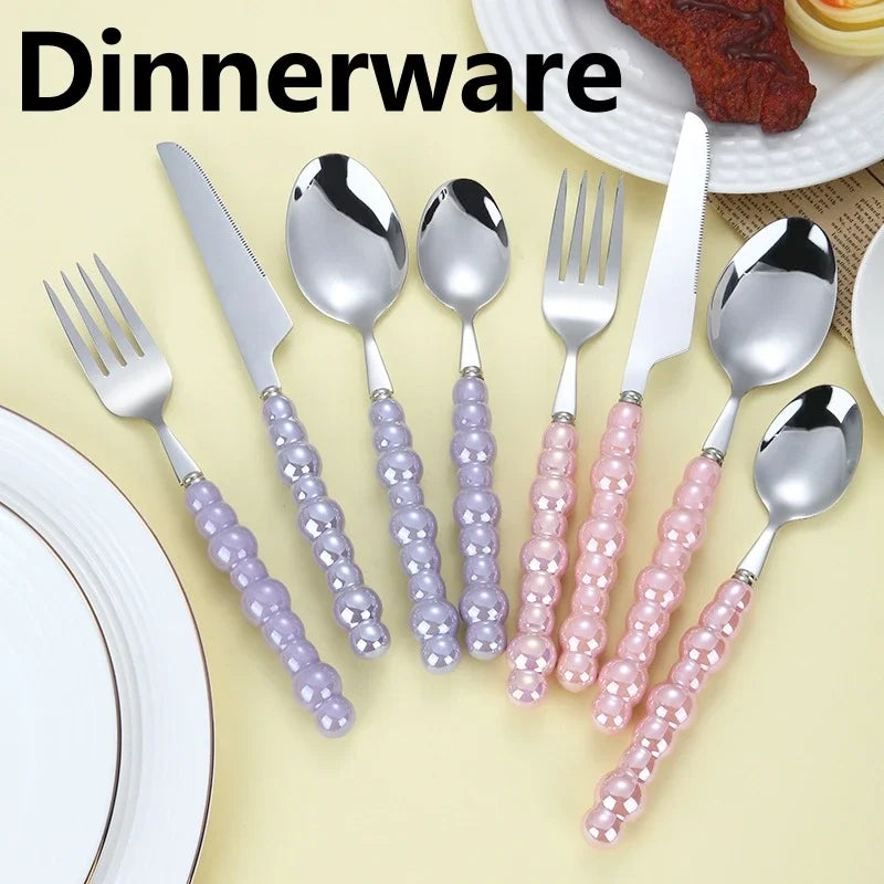 4Pcs/Set Luxury Dinnerware Stainless Steel Spoon and Fork Ceramic Pearl Handle Western Silver Cutlery High-looking Tableware Oasis Select