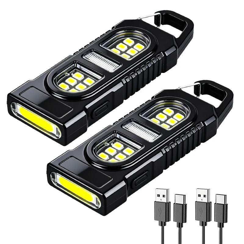 Powerful Mini COB LED Keychain Flashlight USB C Rechargeable Hanging Work Light Waterproof Keyring Camping Walking Pocket Lamp Oasis Select 2PCS