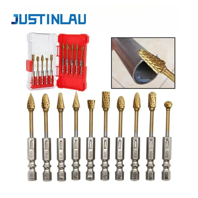 JUSTINLAU 10PCS Hard Alloy Tungsten Steel Grinding Head Rotary File Woodworking Milling Cutter Electric Grinding Polishing Tool Oasis Select