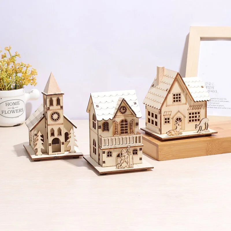 DIY Merry Christmas Decorations Mini Wooden House Luminous Cabin Christmas Tree Hanging Xmas Ornaments New Year Kids Gift Oasis Select