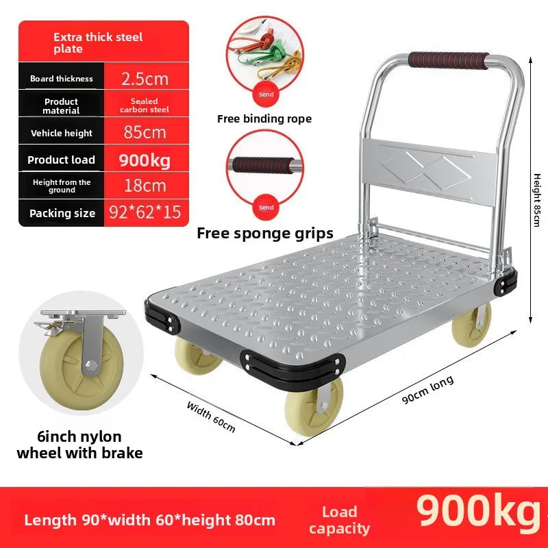 Steel plate pulling trolley trolley trolley handling thickened foldable portable silent trailer pulling flat truck Oasis Select 90-60-6-F