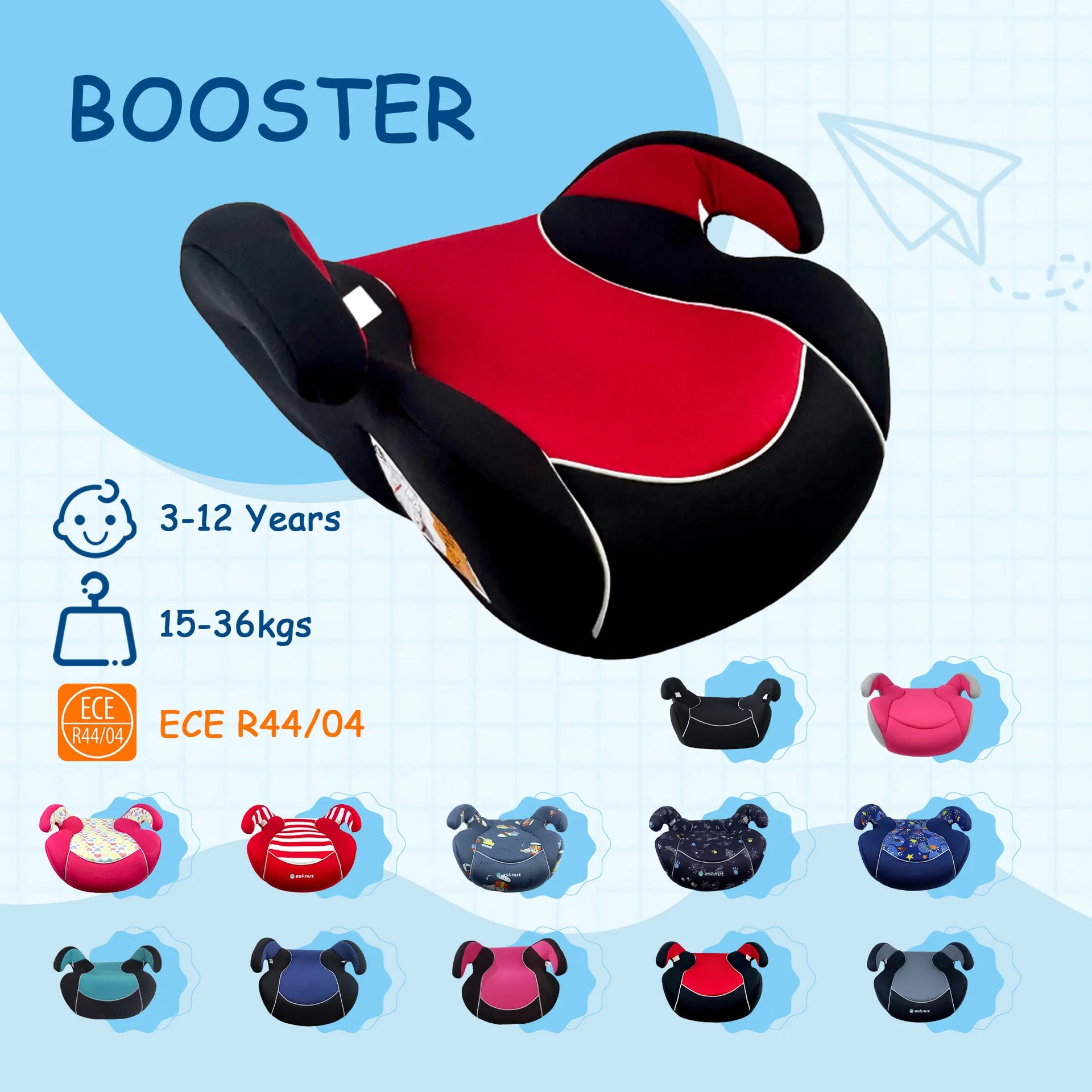 Portable height-adjustable seat cushion for children aged 3-12, car safety seat booster, and dining chair height pad Oasis Select
