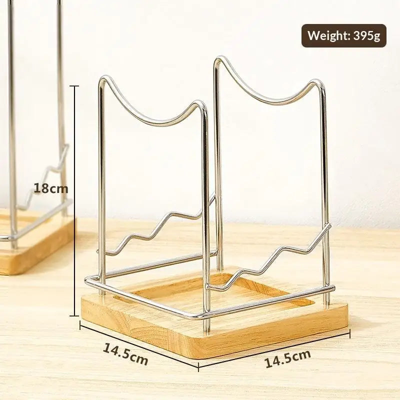 Stainless Steel Pot Lid Organizer with Wooden Drip Tray