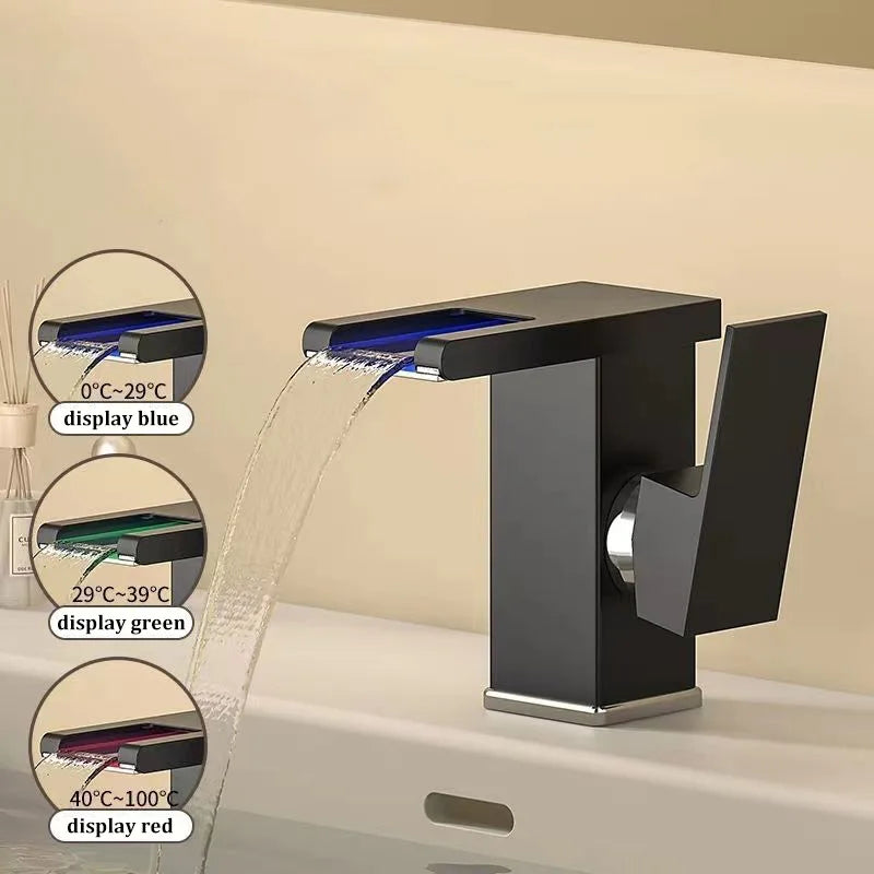3-Color LED Waterfall Bathroom Faucet | Hot & Cold Brass Tap