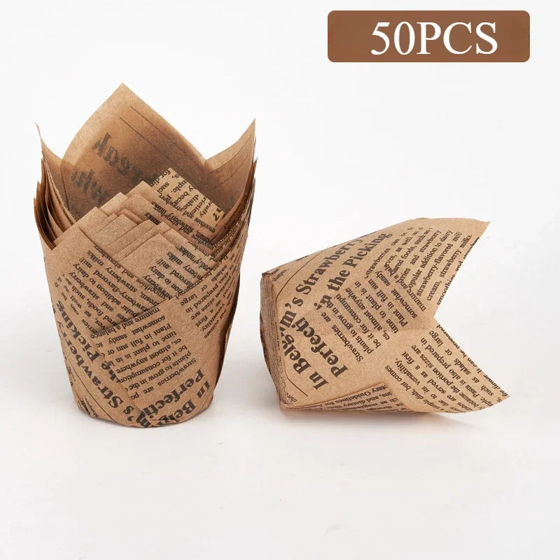 50pcs Newspaper Style Baking Cup Cupcake Liner Cupcake Wrapper Molde Cupcake Paper Cups Bakeware Tool for Wedding Birthday Party Oasis Select brown letters