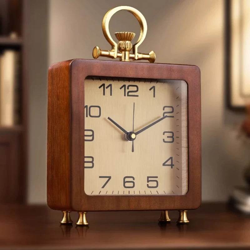 Living Room Household Solid Wood Clock Ornament Desktop New Retro High-end Sense High-end Placement Silent Clock Oasis Select