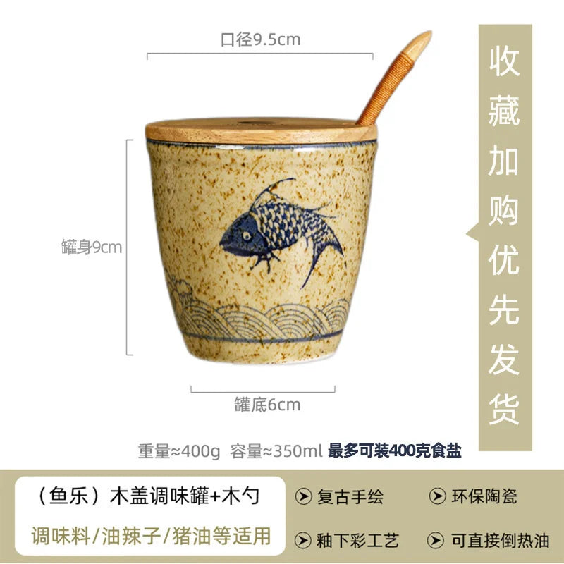 Ceramic Retro Seasoning Pot Hand-painted Salt Pot Oil Tank Pepper Pot for Kitchen Oasis Select 350ml wooden spoon