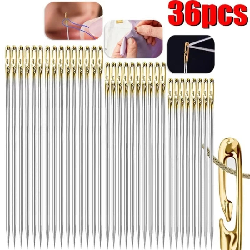 12/24/36pcs Self-Threading Sewing Needles Stainless Steel Quick Blind Threading Needle Stitching Pins DIY Punch Needle Threader Oasis Select