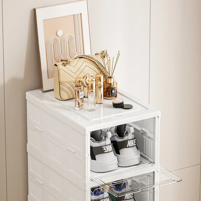 White Foldable Shoe Cabinet,3-9 Tier Heavy-Duty Storage Box for Shoes, Bags, Figurines in Living Room/Bedroom Oasis Select