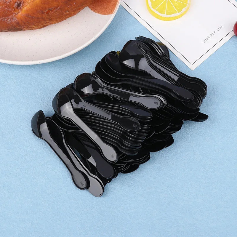 100Pcs Mini Plastic Spoons Flatware Spoons For Jelly Ice Cream Dessert Appetizer Plastic Spoon For Party Supplies Oasis Select black