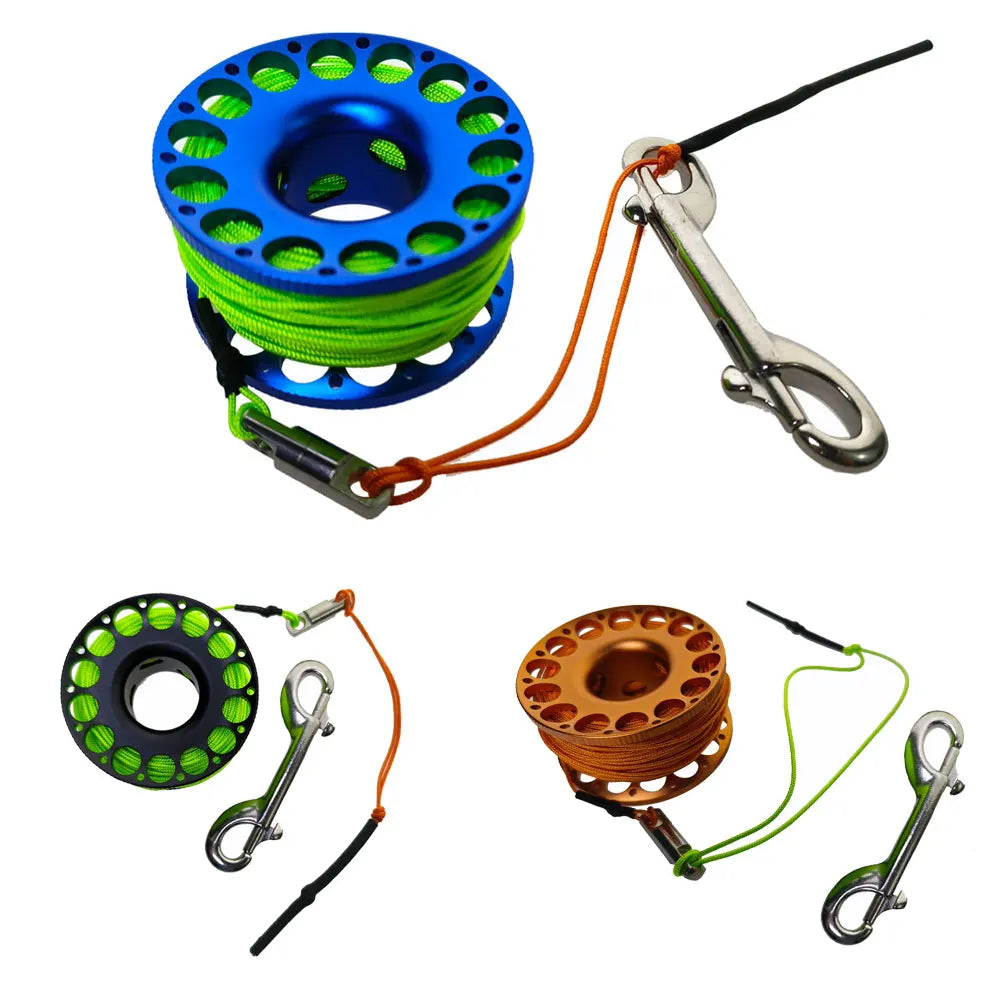 15M 20M 30M Scuba Diving Aluminum Alloy Spool Finger Reel with Stainless Steel double ended hook SMB Equipment Cave Dive Oasis Select