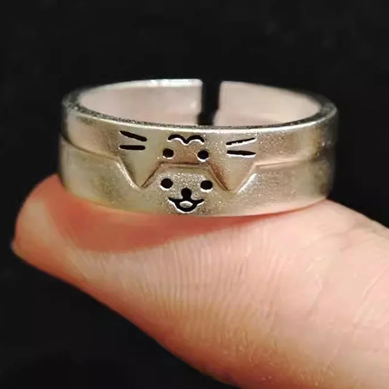 Kawaii Cat Dog Animal Couple Ring for Women Men Fashion Size Adjust Lover Rings Valentine's Day Party Jewelry Gifts Oasis Select 2pcs