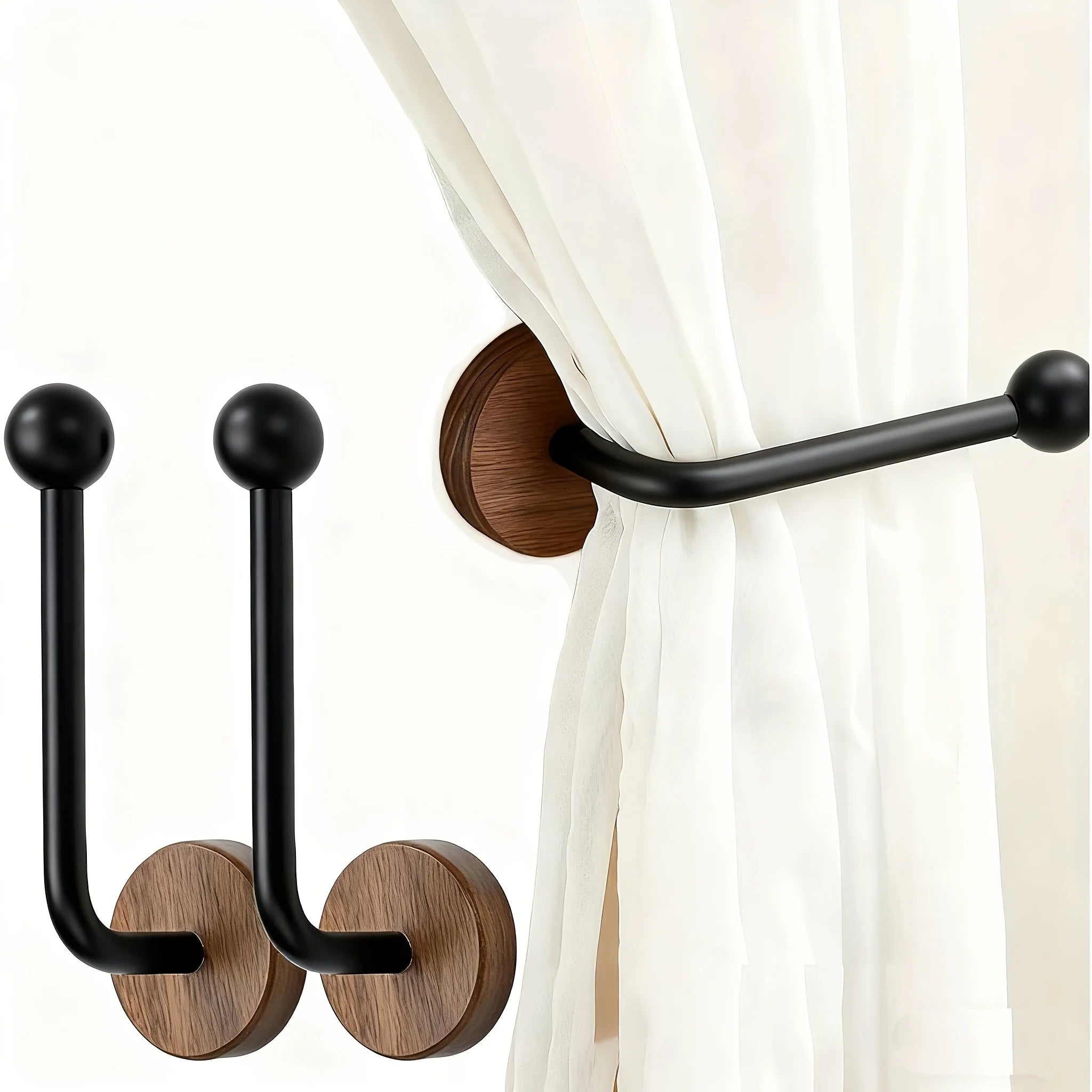 2-Pack Modern Adhesive Curtain Holdbacks No Drill Wall Mounted with FAS Walnut Wood Base - Heavy Duty Adhesive Panels & Wood Oasis Select 2pcs black