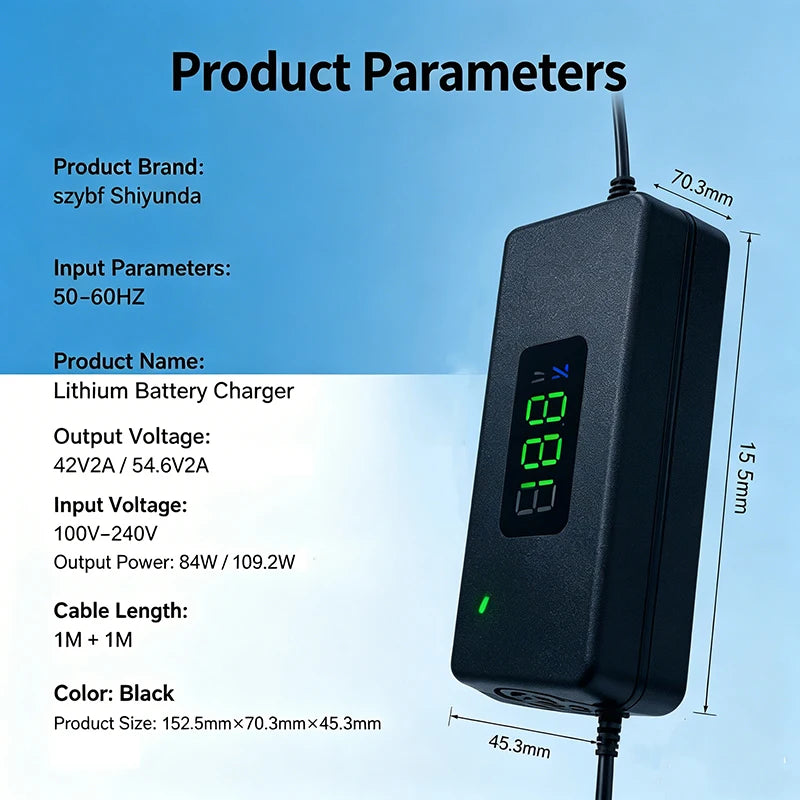 AC100-240V Digital Display Lithium Battery Charger 36V 42V / 48V 54.6V 2A Power Supply Adapters DC Plug With Cooling Fan EU US Oasis Select